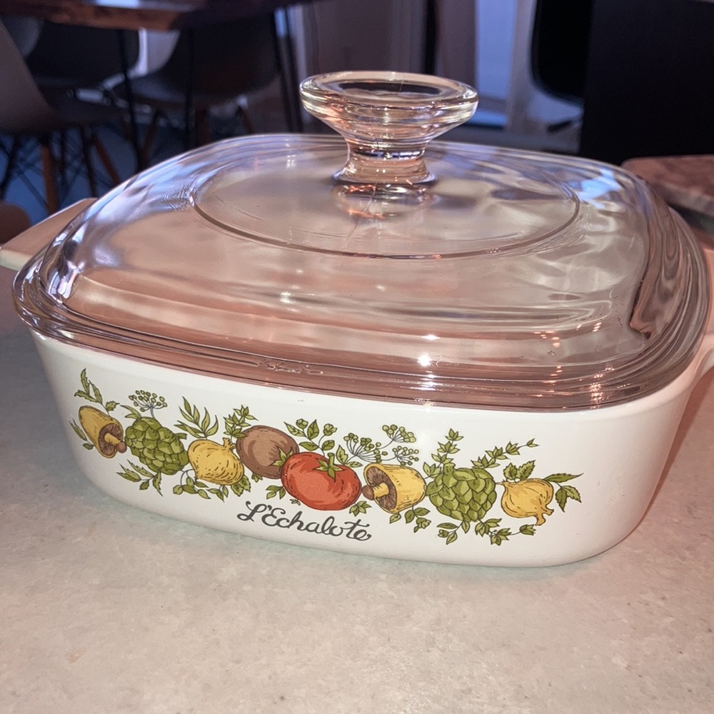 Vintage Corning ware Glass Casserole Dish with Fruit Design